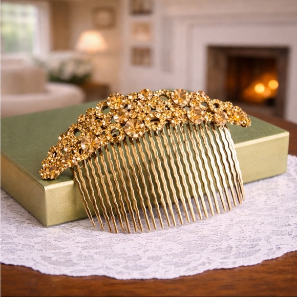 Accessories - New! Gold Hair Clip Comb Peach Rhinestones